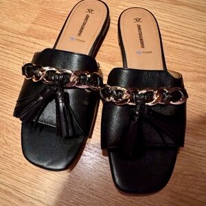 Johnston & Murphy Black Slip-On Mules with Gold Chain & Tassels